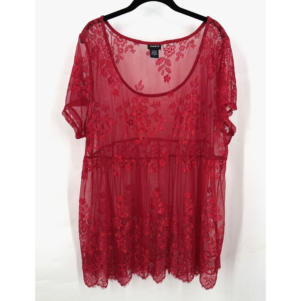 Torrid Lace Top Women 3 Red Sheer Floral Babydoll Flutter Sleeve Romantic Plus